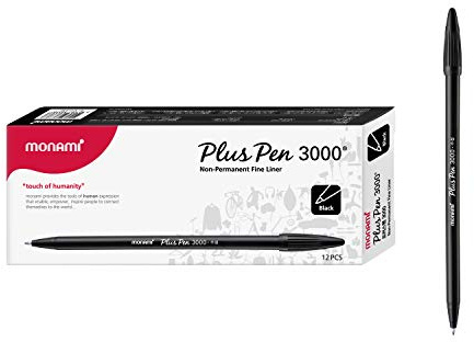 MONAMI Plus Pen 3000 Felt Tip Pens, Fine Point (0.4mm), Fine Liner, Writing/Journaling/Note Taking at home, school and office, Black, 12-Count