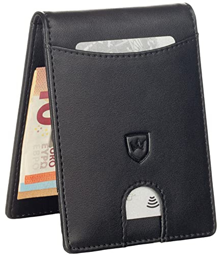 Kronenschein® Slim Wallet RFID Schutz & NFC Blocker - Mini Geldbörse Kunstleder Herren Kartenetui - Portmonee klein mit Geldklammer - Geldbeutel für EC-Karten, Kreditkarten mit 6 Fächer schwarz