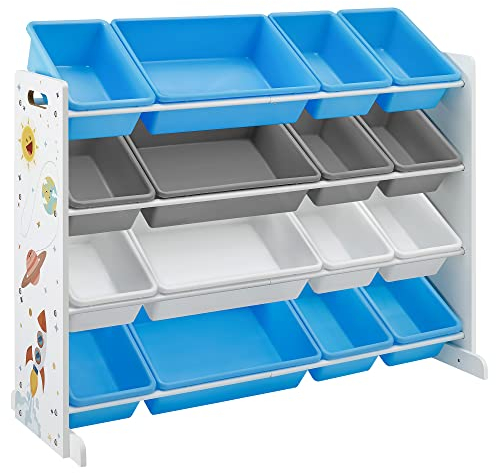 SONGMICS Scaffale per Giocattoli, Mobile Cameretta a 4 Ripiani con 16 Contenitori Rimovibili in Plastica, Organizzatore Giochi per Bambini, Stanza dei Giochi, Bianco, Azzurro e Grigio, GKR070W03