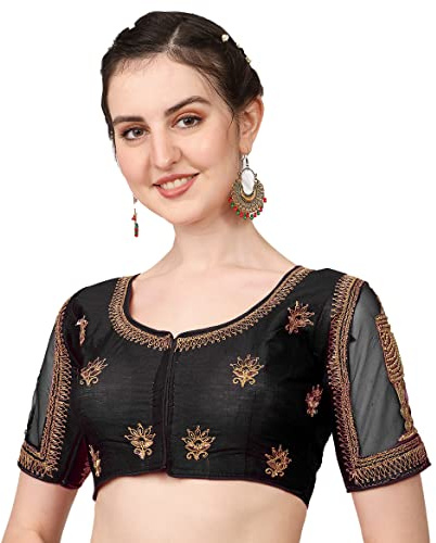 Pujia Mills Flerfärgat tempel broderi nät bak sekvens khatli arbetshylsor design fantom siden färdig blus för sari och Lehenga choli, Svart, 38