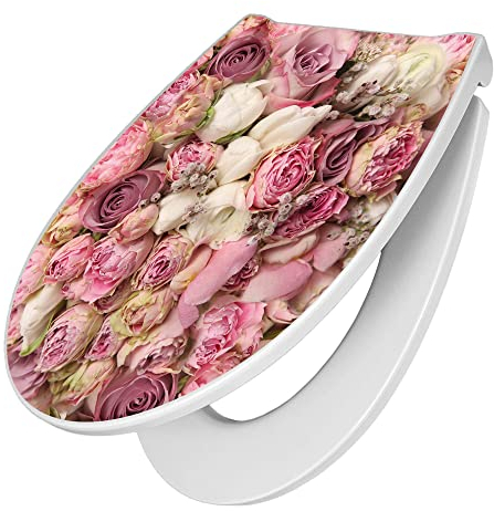 banjado Premium Toilettendeckel mit Absenkautomatik 45x38,4cm / WC Brille Soft Close/hygienischer Toilettendeckel/Klodeckel Duroplast mit Edelstahl Scharnier/Motiv Strauss Rosen