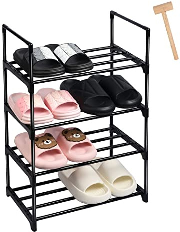 Ywinler 4 Tier Shoe Racks, Metal Shoe Storage Organiser Narrow Shoe Racks for Small Space Stackable Slim Shoe Shelf for Hallway, Entryway, Living Room, Black
