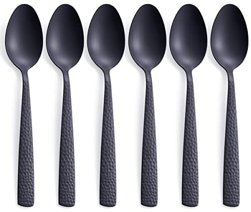 FULLYWARE Tafellöffel-Set, 6 Stück, 20,3 cm, Edelstahl, schwarze Löffel, Silberbesteck, Satin-Finish