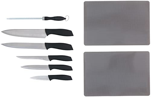 alpina- Juego de cuchillos - 8 piezas - cuchillo de chef, cuchillo de trinchar, cuchillo de deshuesar, cuchillo universal y cuchillo de pelar - con afilador de cuchillos - tablas de cortar