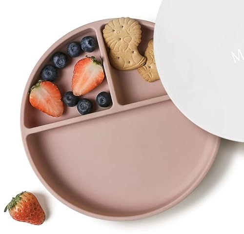 Moonkie Piatti a ventosa per bambini e ragazzi | Piatti divisi in silicone senza BPA con coperchio | Sicuri per microonde e lavastoviglie - 1 confezione (Blush)