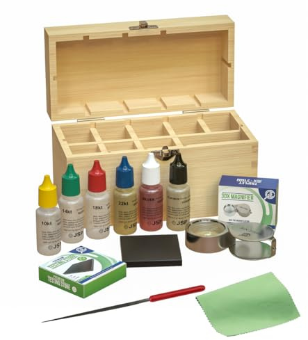 GTE Kit de prueba de joyas de metales preciosos, oro, plata, platino, ácidos, caja de madera, 30 lupas, 10 K, 14 K, 18 K, 24 quilates, aguja, lima, tela, ácido