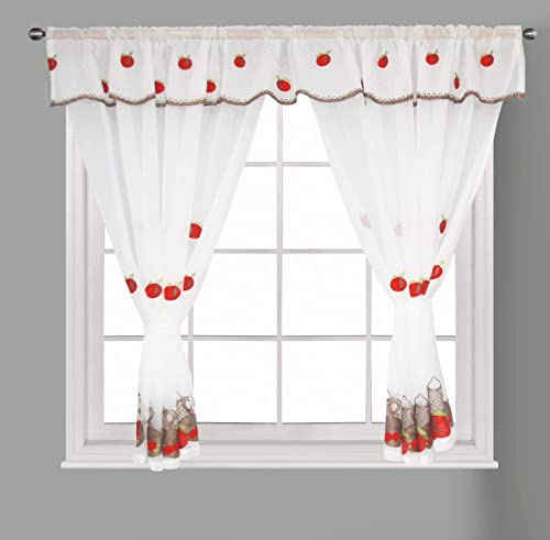 Householdfurnishing Embroidered Kitchen Window Pair Curtains Set Rod Pocket with Attached Valance & Tiebacks (Wndsr Red White, W 48 x L 36 Inch)