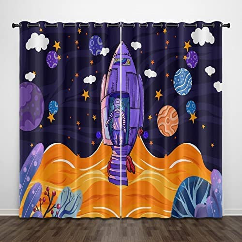 Vorhang Blickdicht Gardinen Mit Ösen - 2 Stücke 140(B) X160(H) cm Verdunklungsvorhänge 3D Cartoon-Planet Mit Rotem Pfeil Muster Thermovorhang Für Kinderzimmer Schlafzimmer Weihnachtsgardinen