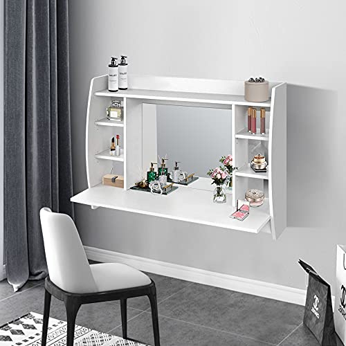 ML-Design Tavolo Cosmetico da Trucco Bianco a Muro Tavolino da Toilette con Specchio Rettangolare e 6 Ripiani 110 x 75 x 48,5 cm Toelette per Signore e Ragazze in Legno MDF da Appendere a Parete