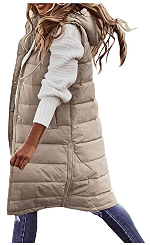 Chaleco de invierno de longitud media para mujer, largo cálido, chaleco de plumón con capucha, chaleco largo de invierno, monocolor, sin mangas, ligero, chaleco de invierno para exteriores, beige, XL