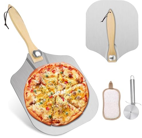 Phieeseriy Pizzaschieber Groß 30,5cm, Aluminium Pizzaschaufel mit Abnehmbaren Faltbarer Griff - Platzsparendes, Pizza Schaufel Zubehör Set mit Pizzaschneider zum Backen von Handgemachter Pizza, Brot