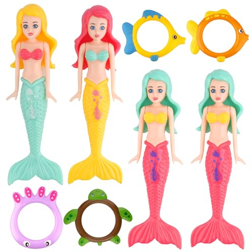 sacemontic 8er-Set Tauchspielzeug für Kinder – Meerjungfrau-Tauchringe & Schwimmbad-Zubehör mit Wasserspielen für den Pool-Spielzeug für Kinder ab 6 Jahre