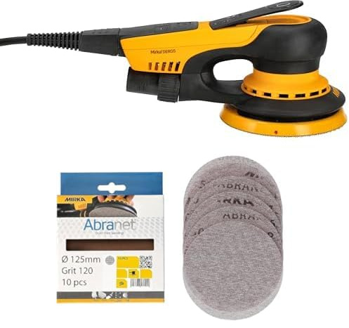 Mirka DEROS II 550 Exzenter-Schleifer Schleifmaschine mit Absaugung für Ø 125mm Schleifpapier, 2,5mm Hub Exzenterschleifmaschine + Mirka Abranet Netz-Schleifscheiben Ø 125 mm Klett, Korn P120, 10 Stk