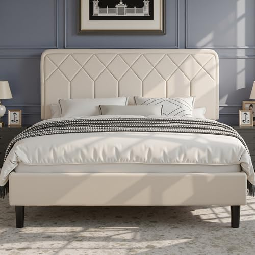 VECELO Lit Double Rembourré 140x190 cm, Sommier Plateforme avec Tête de Lit Réglable, Support à Lattes en Bois Solide, Tissu en Velours Haut de Gamme, Facile à Assembler, Beige