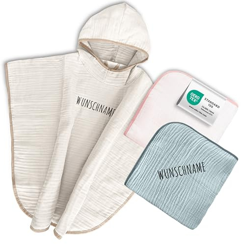 my STITCHERY Badeponcho Kinder mit Namen Bestickt, Oeko-TEX® Standard 100 - Personalisiertes Kapuzenhandtuch aus weichem Musselin mit gesticktem Namen (Natur)