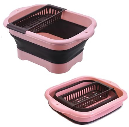 WMKJDS 11L（2.91 Gallon） Collapsible Dish Basin with Drain Plug, Space Saving Outdoor Multiuse Foldable Sink Tub, Dishpan, Portable Kitchen Storage Tray for Vegetable Washing, Camping, RV (Pink)