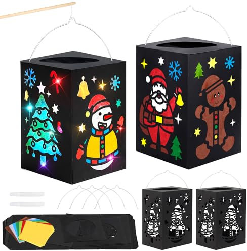 MONCAP 4pz Lanterna di Carta Quadrata Lanterne con Motivo Pupazzo di Neve Lanterna di Carta DIY Lanterne di Carta Sospese con Bastone Lanterna Appeso per Interni Esterni Decorazione Natale Feste