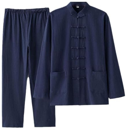 Tai Chi Anzug Herren Kung Fu Anzug Große Größe Baumwolle Leinen Kunst Meditation Anzug Hemd Hosen Outfit, Blau, 3XL