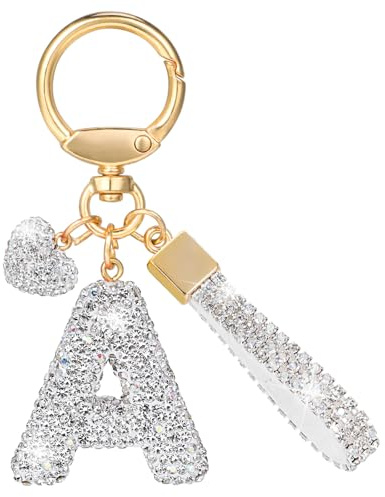 MWOOT Schlüsselanhänger Buchstabe Glitter Rhinestone, Keychain Silvery mit Namen Cute Car Keychain, Auto Schlüsselanhänger Tasche Anhänger Handbag Charms Accessories Keyring Geburtstag for Frau(A)