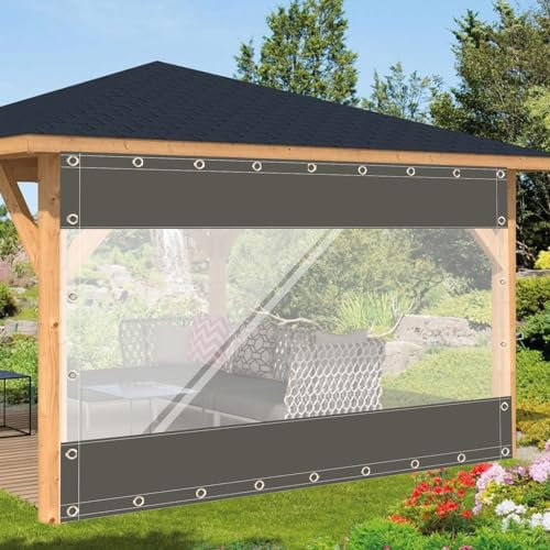 Gartenpavillon, transparente Plane, Seitenteile mit Ösen, wetterfeste Vorhänge für Pergola, Veranda, Garten, Terrasse, anpassbare Größe 4 x 2 m, Grau