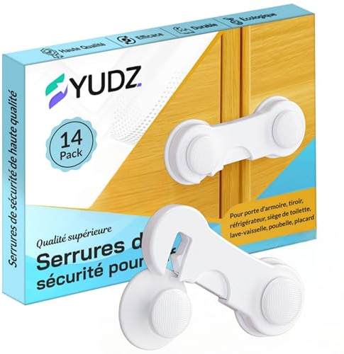 YUDZ – Bloque Porte Bébé Lot de 14, Sécurité Enfant, Bloque-Tiroir et Verrous pour Armoire, Placard et Réfrigérateur – Sécurité Maison Adhésif Fort sans Perçage