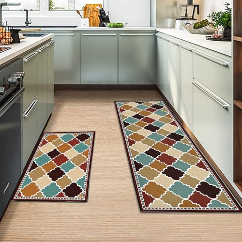 MIQEBX Küchenteppich Set 2 Stück rutschfeste Küchenmatte, Waschbare Küchenmatten und Teppiche Set, Teppich Läufer für Küche, Flur, Wohnraum (D, 43x150cm+43x75cm)