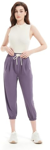 GLOWELFA Pantacourt Femme Été Taille Élastique avec Cordon | Pantalon Femme Fluide à Jambes Resserrées 7/8 | Tissu Doux Confortable pour Travail, Sport, Détente, Vacances