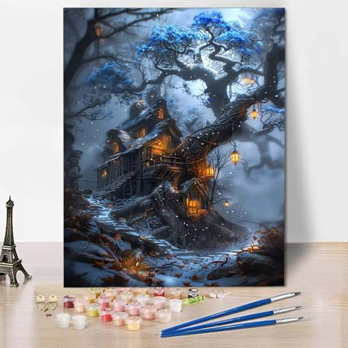 Paint by Numbers Wald Malen Nach Zahlen Häuser Malen Nach Zahlen Anfänger DIY Handgemalt Ölgemälde Leinwand Kits mit 3 Pinseln und Acrylfarbe für Wanddeko, Geschenk für Frauen (50x65cm) -CW25042K