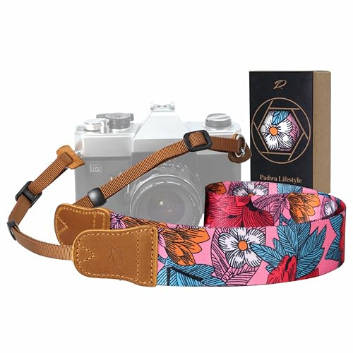 Padwa Lifestyle Camera Strap - 1.5 Soft Nylon Print Crazy Horse Cowhide Head Camera Straps for Photographers and All Cameras,Cute Adjustable Vintage Woven Strap for Adults & Kids(Flower Heart Pink)