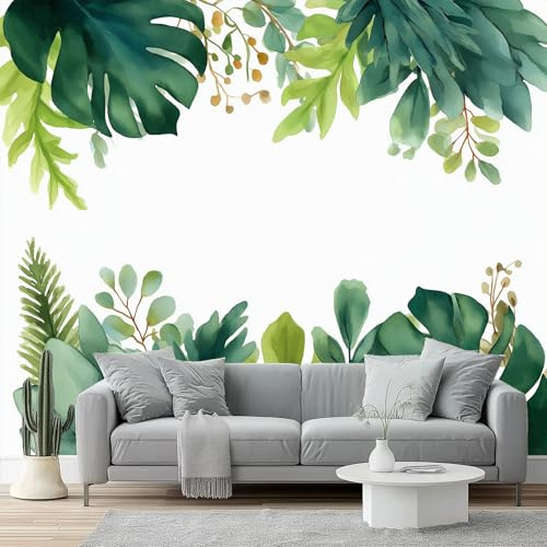 Papier Peint Panoramique Plantes Minimalisme Monstera Fougère Vert Sauge Revêtement Mural Poster Geant Murale Décoration pour Chambre Salon Couloir Bureau Cuisine Chambre Adulte Enfant, 400 x 280 cm