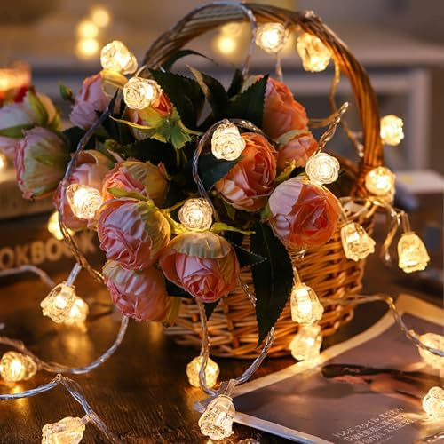 KOBOKO Rosen Lichterkette, 3M 20 LED Lichterkette Blumen, Blumen Lichterketten Batteriebetrieben, Lichterketten Innen, Warmweiß Dekorative Lichter für Garten,Hochzeit,Innen,Außen,Terrasse,Partys Deko