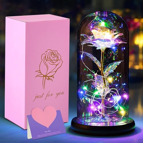 CIRULLI Rose Eternelle sous Cloche La Belle et la Bête,avec Lumineuse LED, Dôme en Verre et Base en Bois, Cadeaux pour la Saint-Valentin, Anniversaire,Noël,Anniversaire