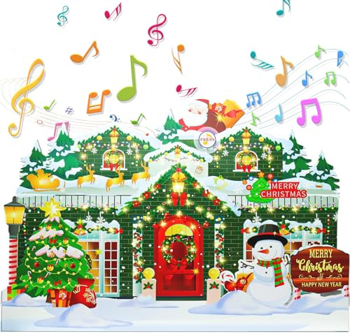 3D Pop Up Weihnachtskarte mit Musik und Lichtern, weihnachtskarten mit umschlag set, Spielt 3 Lieder mit 3 passenden Blinkmodi (1er Set)