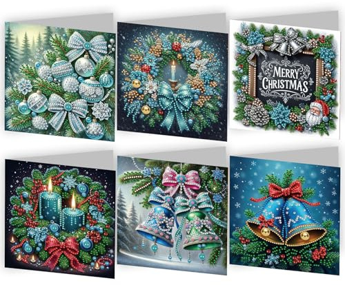DIY Diamond Painting Weihnachten Karten, 6 Stück Diamant Painting Bilder Weihnachten Grußkarten Basteln Set, Diamond Painting Grußkarten Mit Umschlag Weihnachtskarten Geschenk Für Freunde Familie (A)