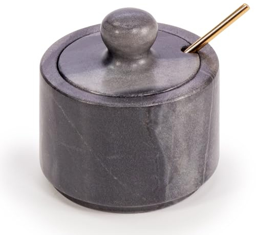 EHC Salt & Pepper Holder, Spice & Herbs Container, Marble Pinch Pot with Lid and Serving Spoon, Salt Celler for Dining Table, Spice Storage Bowl, Spice Bath, Kitchen Accessories, Grey