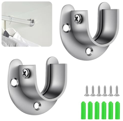 NUTKIT Kleiderstange Halterungen, 2 Stück Rundrohr Halterung mit Schrauben, U-Form Stangenhalterung Kleiderstangenhalter, aus Edelstahl, Stangenhalter Schrankrohrhalter für Schrankrohr-Stange(25 MM)
