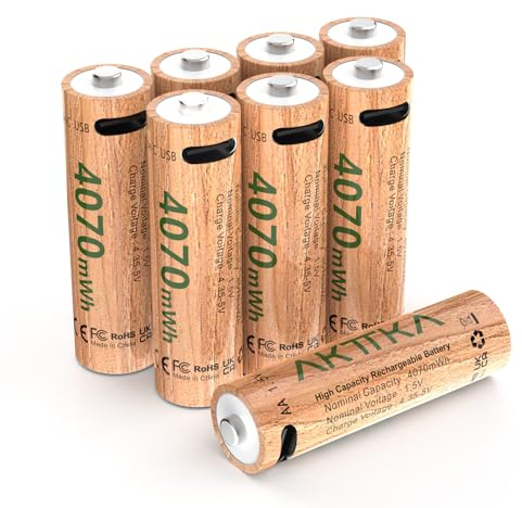 AKTTKA Piles AA Lithium Rechargeables, Lot de 8 (4070 mWh) 1,5 V, 500+ Cycles de Recharge, câble de Charge 4-en-1 USB-A vers USB-C Inclus, Haute capacité pour Jouets, Lampes Torches, serrures Connect