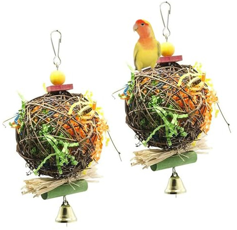 GZDILUOGS 2 Stück Wellensittich Spielzeug, Vogelspielzeug Natural Rattan Ball Wellensittich Zubehör Papageienspielzeug Vogelkäfig Hängespielzeug