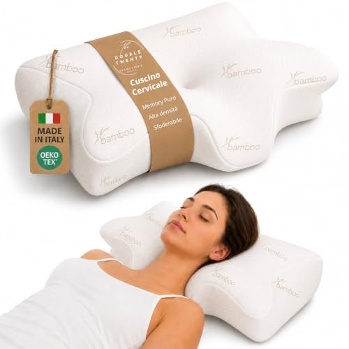 The Double Twenty – Cuscino Cervicale per Dormire Ortopedico - Doppia Altezza 12,5/9cm con Federa Lavabile in Bamboo - Cuscino Memory Foam Antirussamento a Farfalla - Made in Italy e Oeko Tex