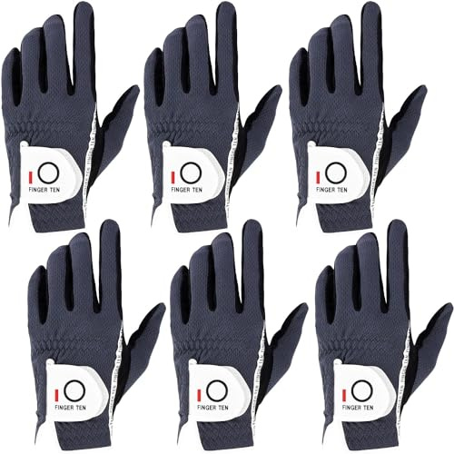 FINGER TEN Golf Gloves Men Right Left Handed Golfer Mens Glove RainGrip Hot Wet Weather Value 6 Pack, All Weather in Grey Large (Grey, Large, Left)