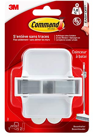 Command Besenhalter, 1 Haken und 2 Klebestreifen - zum Aufhängen von Besen, Bürsten und Mopps - Organisieren ohne Beschädigung - Hält bis zu 1.8 kg