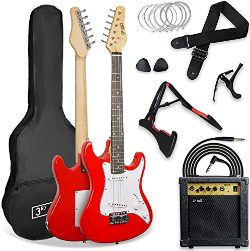 3rd Avenue Ultimat elgitarrpaket med 3rd Avenue XF-elgitarr i storlek 3/4 med 10 W förstärkare, kabel, stativ, fodral, axelband, extrasträngar, plektrum, capo – röd