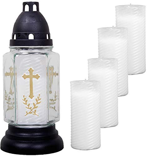 HS Candle Buena Lampe funéraire en verre avec croix et 5 bougies de recharge Blanc 24 cm