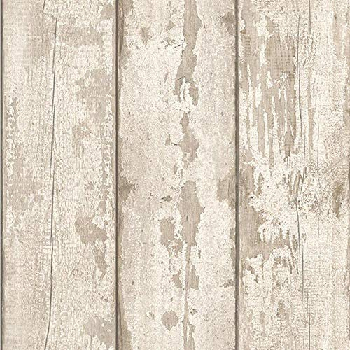 White Washed Wood Panel Effect Wallpaper Worn Distressed Beige Cream Y�L
