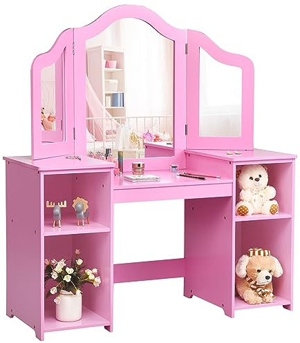 COSTWAY Toeletta Trucco per Bambina 2 in 1 in Legno Robusto, Rosa | Specchiera per Ragazzi con 4 Mensole e Specchio, Postazione Trucco per Cameretta Bambina