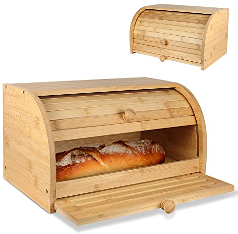 FISHTEC Portapane bambù con Tagliere Integrato, raccogli briciole, Cestino per Il Pane, Porta Scorrevole, Ideale per conservare Il Pane, 37 x 23 x 19,7 cm