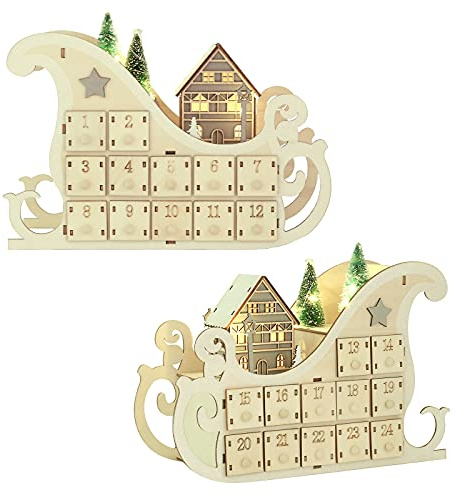 LEMESO Calendario Avvento Legno 2025 a Forma di Slitta con 24 Cassetti da Riempire con Luci per Sorpresa e Regali per Ciocolatini Caramelle Addobbi Decorazioni Natalizi