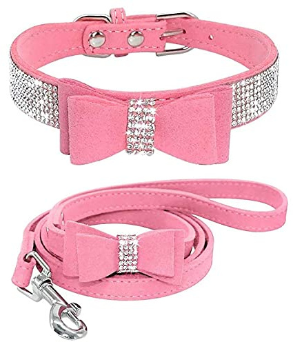 Hundehalsband Mit Leine Set Haustierhalsbänder und Leinen Verstellbare Hundekatze Bowknot Kristall Hundehalsband für Kleine Hunde Mittelgroße Hunde