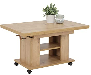 Hela Tische, Funktionscouchtisch Sofatisch Jakob, Holzoptik melaminbeschichtet, Eiche, höhenverstellbar 51-61cm, ausziehbar 90-142cm, auf Rollen