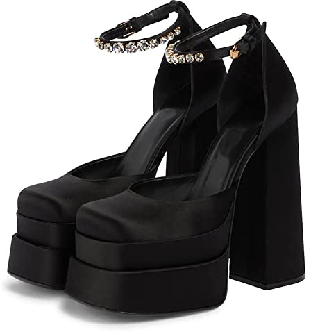LIPIJIXI Damens Plateau Chunky High Block Heels Kn?Chelriemchen Schnalles Wedge Dress Pumps